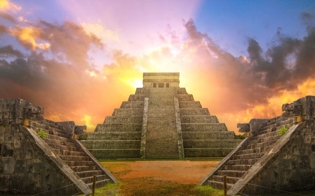 Het einde van de wereld; afbeelding van een Maya tempel